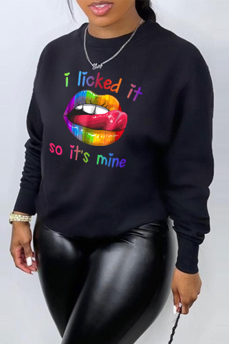 Street Lips Printed Patchwork Letter O Neck Tops