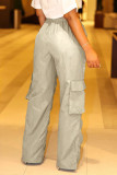 Casual Solid Patchwork Pocket Fold High Waist Straight Solid Color Bottoms