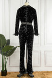 Sexy Solid Sequins Patchwork Feathers Turn-back Collar Skinny Jumpsuits