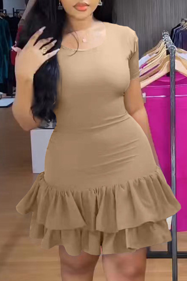 Sexy Casual Solid Flounce O Neck Cake Skirt Dresses