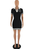 Casual Letter Embroidery Patchwork V Neck Short Sleeve Dress