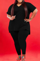 Casual Solid Slit V Neck Plus Size Two Pieces