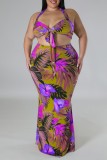 Sexy Print Bandage Backless Halter Plus Size Two Pieces