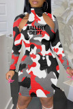 Sexy Casual Letter Camouflage Print Hollowed Out Turtleneck Long Sleeve Dresses