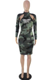 Sexy Casual Letter Camouflage Print Hollowed Out Turtleneck Long Sleeve Dresses