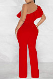 Casual Solid Bandage Patchwork Flounce Oblique Collar Straight Jumpsuits