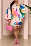 Casual Print Patchwork Off the Shoulder Long Sleeve Plus Size Dresses