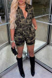 Street Camouflage Print Draw String Turndown Collar Straight Rompers