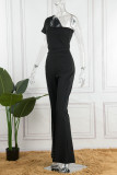 Casual Solid Patchwork See-through Backless Oblique Collar Regular Jumpsuits