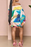 Casual Print Patchwork Off the Shoulder Long Sleeve Plus Size Dresses