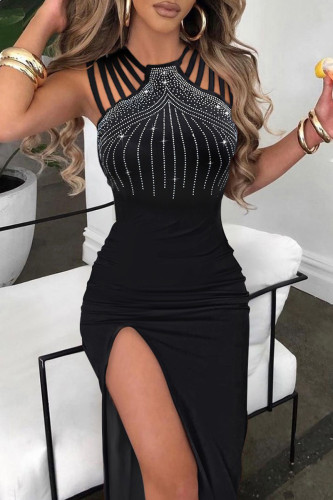 Sexy Patchwork Hot Drilling Hollowed Out Slit O Neck Sleeveless Dress Dresses