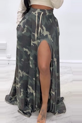 Casual Camouflage Print Slit Regular High Waist Conventional Skirt