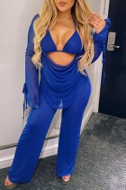 Sexy Solid See-through Backless Halter Long Sleeve Three Piece Set