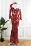 Elegant Solid Hollowed Out Sequins Patchwork Half A Turtleneck Evening Dress Dresses