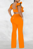 Sexy Solid Patchwork Flounce O Neck Straight Jumpsuits