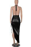 Elegant Solid Patchwork Asymmetrical Halter Dresses