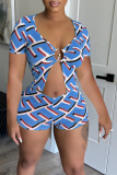 Casual Print Hollowed Out U Neck Short Sleeve Two Pieces