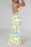 Sexy Print Patchwork Backless Trumpet Mermaid Dresses