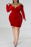 Sexy Casual Solid Patchwork Off the Shoulder Long Sleeve Plus Size Dresses