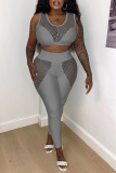 Sexy Solid Mesh U Neck Sleeveless Two Pieces