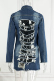 Casual Solid Ripped Patchwork Turndown Collar Long Sleeve Regular Denim Jacket