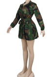 Casual Camouflage Print Bandage Patchwork Buckle Turndown Collar Plus Size Overcoat