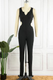 Sexy Solid Backless V Neck Skinny Jumpsuits