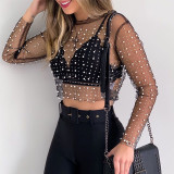 Sexy Solid Patchwork See-through Beading O Neck Tops