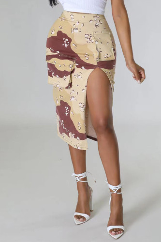 Street Print Patchwork Pocket Slit High Waist Straight Full Print Bottoms