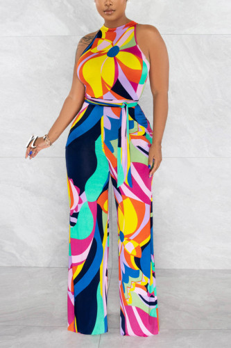 Casual Daily Print With Belt O Neck Regular Jumpsuits