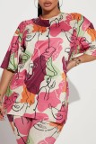 Casual Print Basic O Neck Half Sleeve Two Pieces