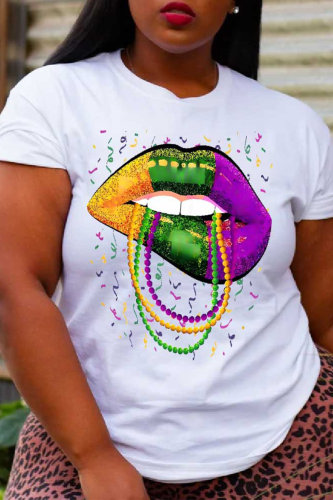 Casual Street Lips Printed Patchwork O Neck Plus Size Tops
