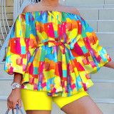 Casual Print Patchwork With Belt Off the Shoulder Plus Size Two Pieces