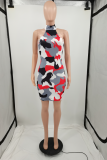 Sexy Camouflage Print Patchwork Halter One Shoulder Dress Dresses