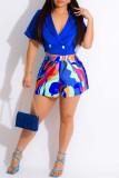 Casual Print Patchwork Turndown Collar Short Sleeve Two Pieces