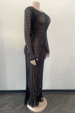 Sexy Solid Tassel Hollowed Out See-through Slit O Neck Beach Dress Dresses