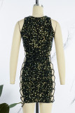 Sexy Patchwork Hollowed Out Sequins V Neck Sleeveless Dress Dresses