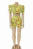 Casual Print Patchwork With Belt O Neck Short Sleeve Two Pieces(Without Belt)