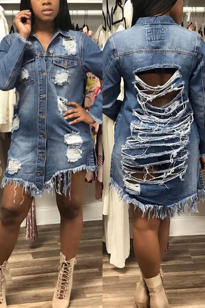 Fashionable Hole In The Long Tearing Denim Jacket