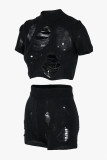 Casual Solid Ripped Hollowed Out See-through Turtleneck Short Sleeve Two Pieces