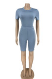 Casual Solid Patchwork O Neck Short Sleeve Two Pieces