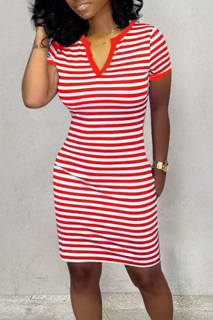 Casual Striped Print Patchwork V Neck One Step Skirt Dresses