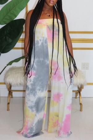 Sexy Casual Print Tie Dye Backless Strapless Regular Jumpsuits