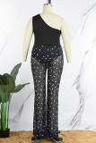 Sexy Print Polka Dot Patchwork See-through Oblique Collar Plus Size Jumpsuits