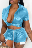 Sexy Solid Draw String Turndown Collar Short Sleeve Two Pieces