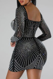Sexy Patchwork Hot Drilling See-through V Neck Long Sleeve Dresses