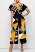 Sexy Geometric Print Patchwork Flounce Off the Shoulder Straight Jumpsuits