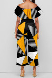 Sexy Geometric Print Patchwork Flounce Off the Shoulder Straight Jumpsuits