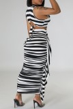 Casual Striped Print Patchwork Half A Turtleneck Sleeveless Two Pieces