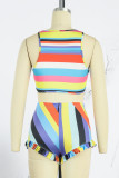 Casual Striped Print Patchwork O Neck Sleeveless Two Pieces
